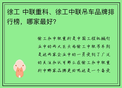 徐工 中联重科、徐工中联吊车品牌排行榜，哪家最好？