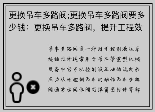 更换吊车多路阀;更换吊车多路阀要多少钱：更换吊车多路阀，提升工程效率
