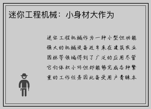 迷你工程机械：小身材大作为
