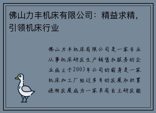 佛山力丰机床有限公司：精益求精，引领机床行业